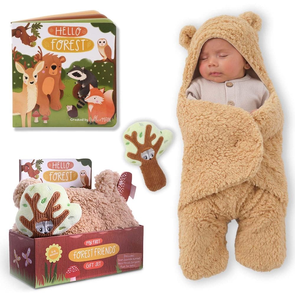 Conjunto de cobertores Swaddle Tickle & Main Bear com itens essenciais para recém-nascidos