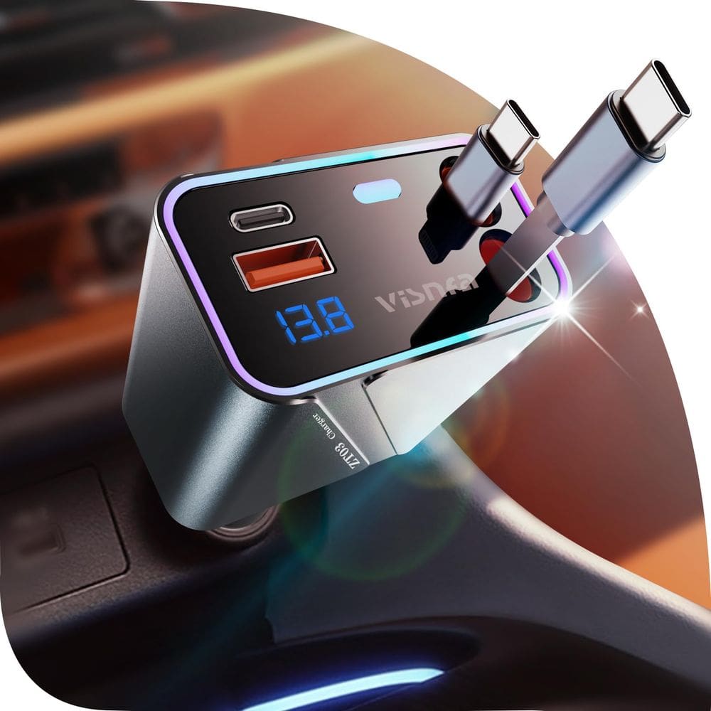 Carregador de carro visnfa retrátil 180 W máx. 2,9 pés USB C cinza