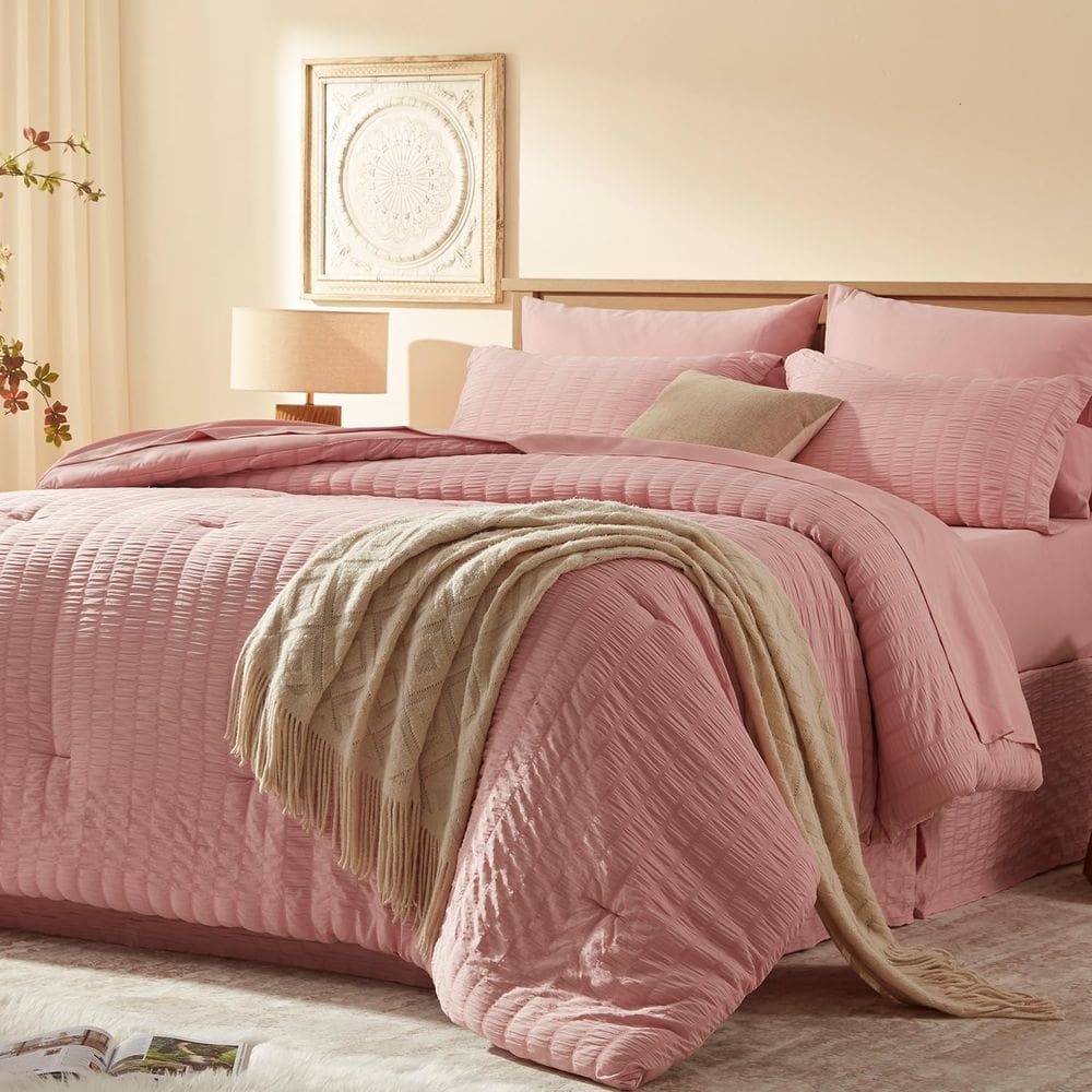 Conjunto de edredom Laojin Balhen, tamanho real, 8 peças, rosa Seersucker