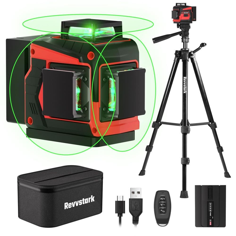 Linha verde Revvstark 3x360° Laser Level com tripé e bolsa
