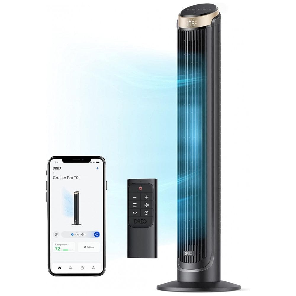 Ventilador de Torre de Alta Velocidade com Controle Remoto e WiFi, 110V Dreo, Preto e Dourado