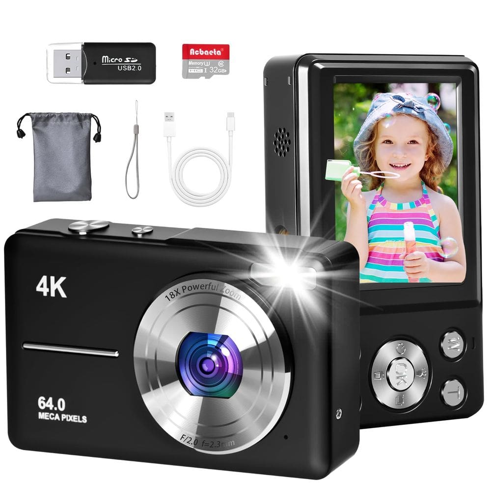 Câmera digital Acbaeta 4K 64MP com cartão TF de 32GB de tela de 2,8”