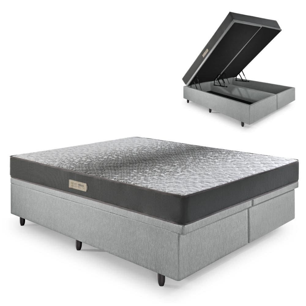 Cama Baú Casal 138x188 Bipartido Courino Linho Cinza com Dual Firm Espuma Ecoflex