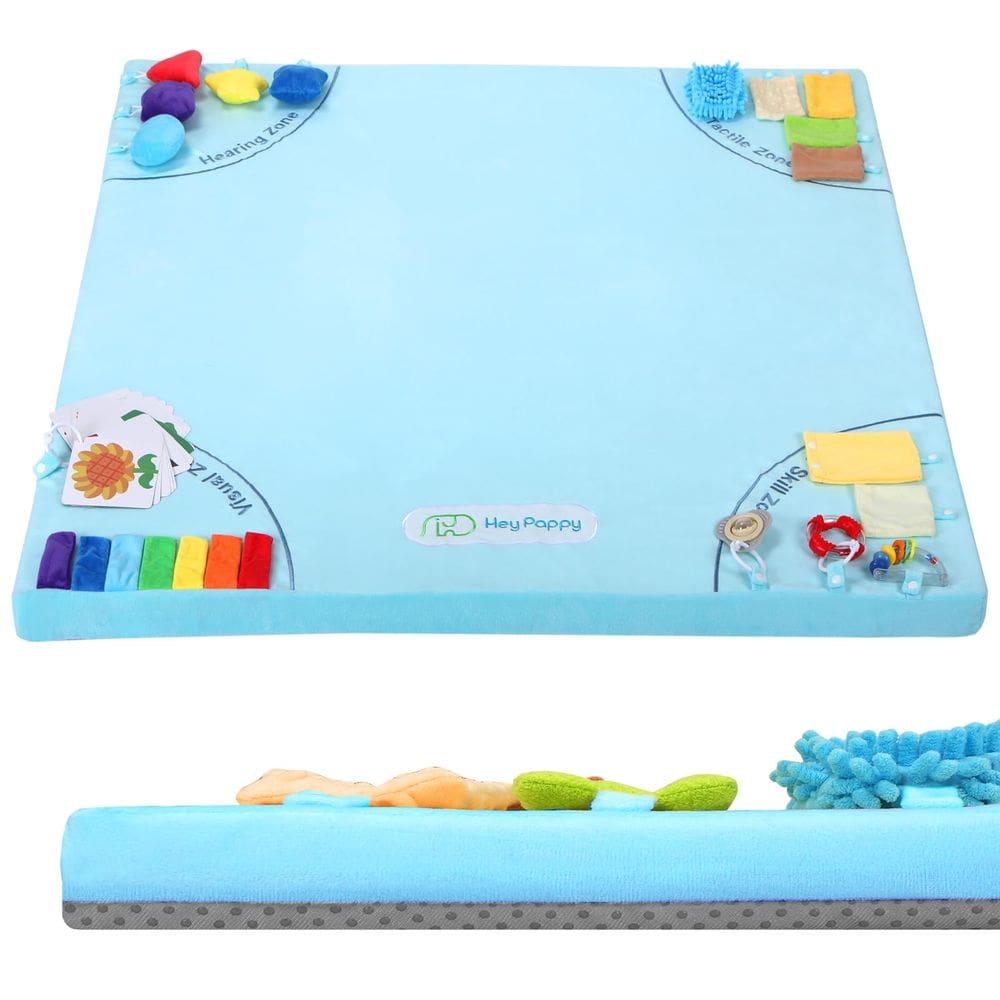 Baby Play Mat Heypappy com 4 zonas de desenvolvimento sensorial azul