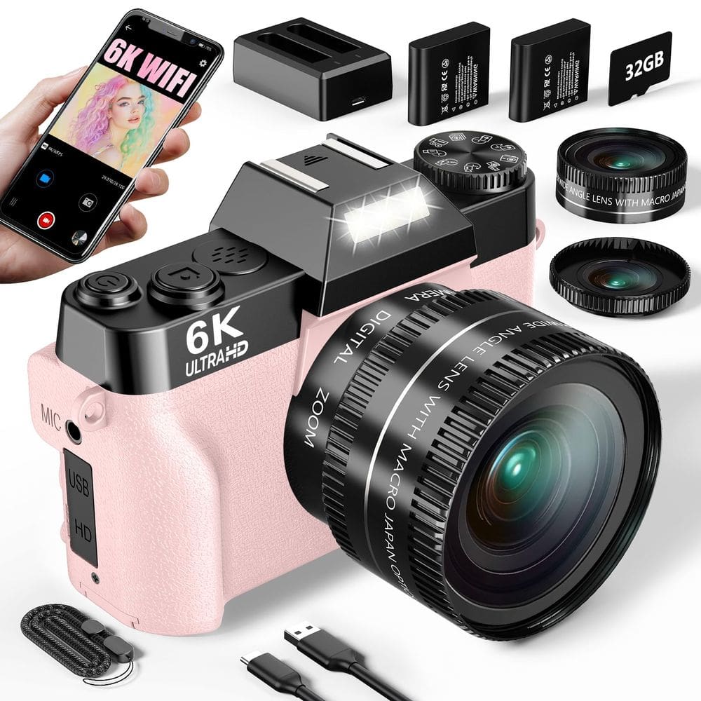 Câmera digital WIKICO 6K 64MP Vlogging 16X Zoom com cartão TF de 32GB