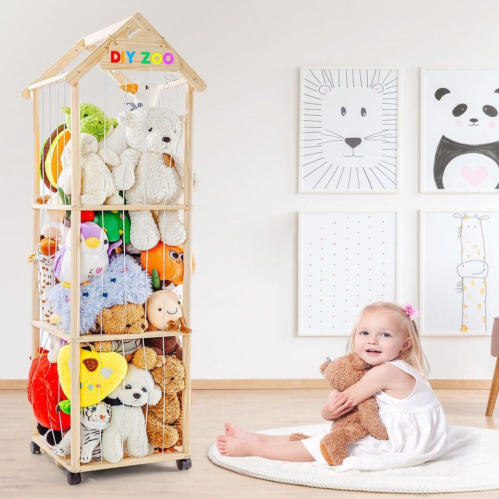 Suporte de brinquedos VTSHENY Wood Zoo para armazenamento de animais de pelúcia com rodas