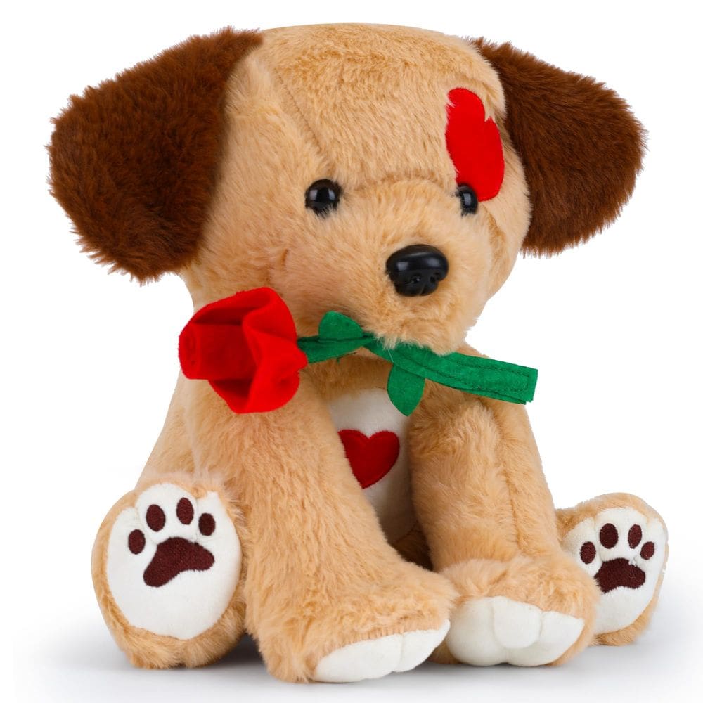 Cachorro de pelúcia com rosa, presente de dia dos namorados de 23 cm