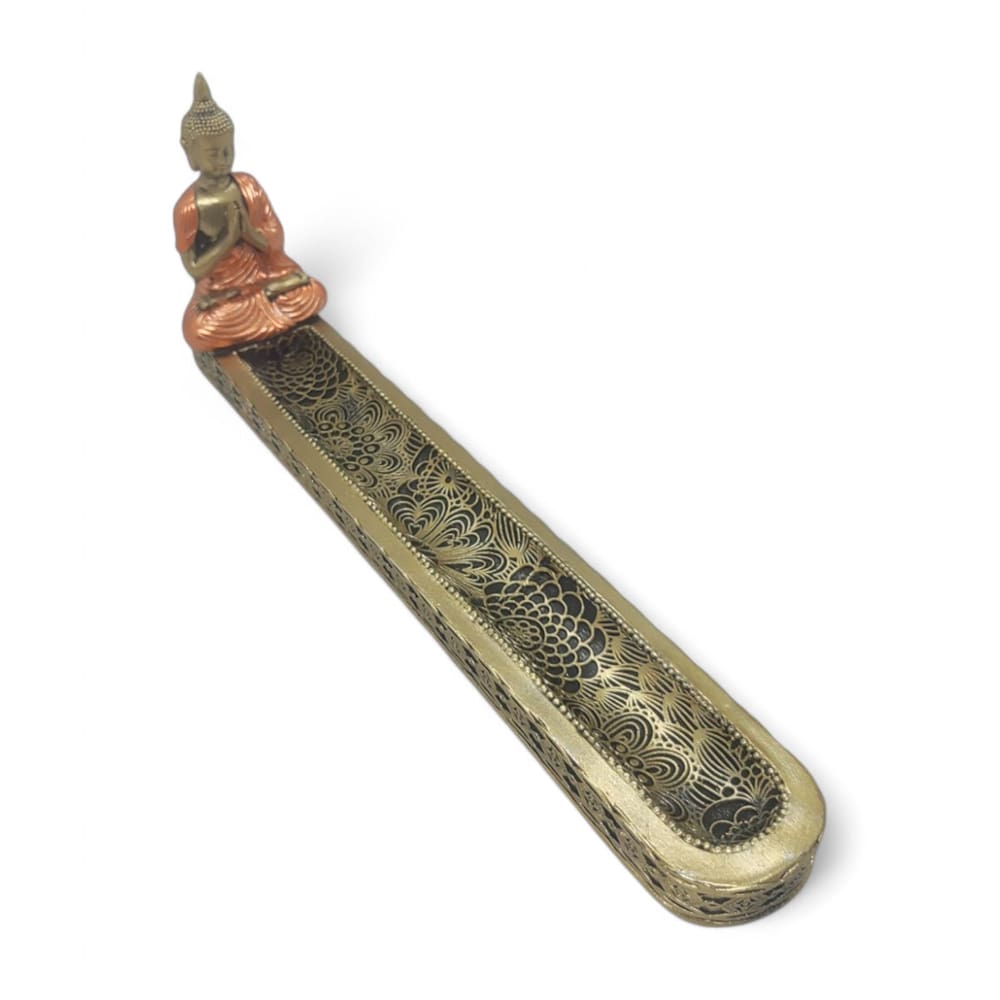 Incensário Vareta Buda Tibetano Detalhes Flores Bronze 20cm