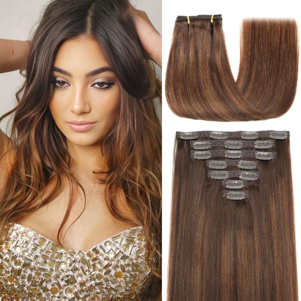 Extensões de cabelo Clip in YNSNR Chocolate Brown Mixed Auburn