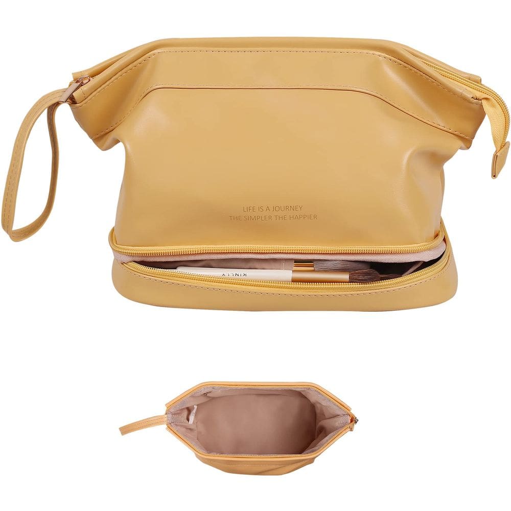 Bolsa de maquiagem Abiudeng Double Layer Travel Leather Yellow