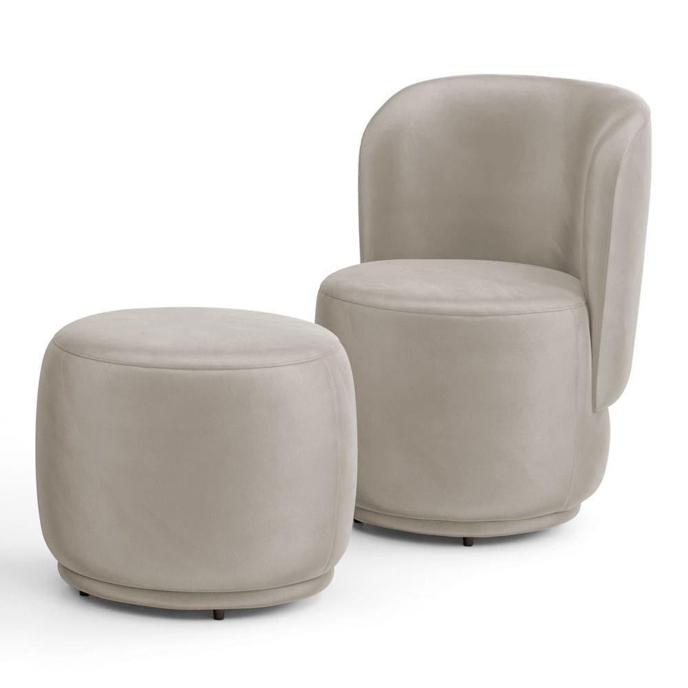 Poltrona Decorativa com Puff Orgânico Molly Veludo Bege - Desk Design