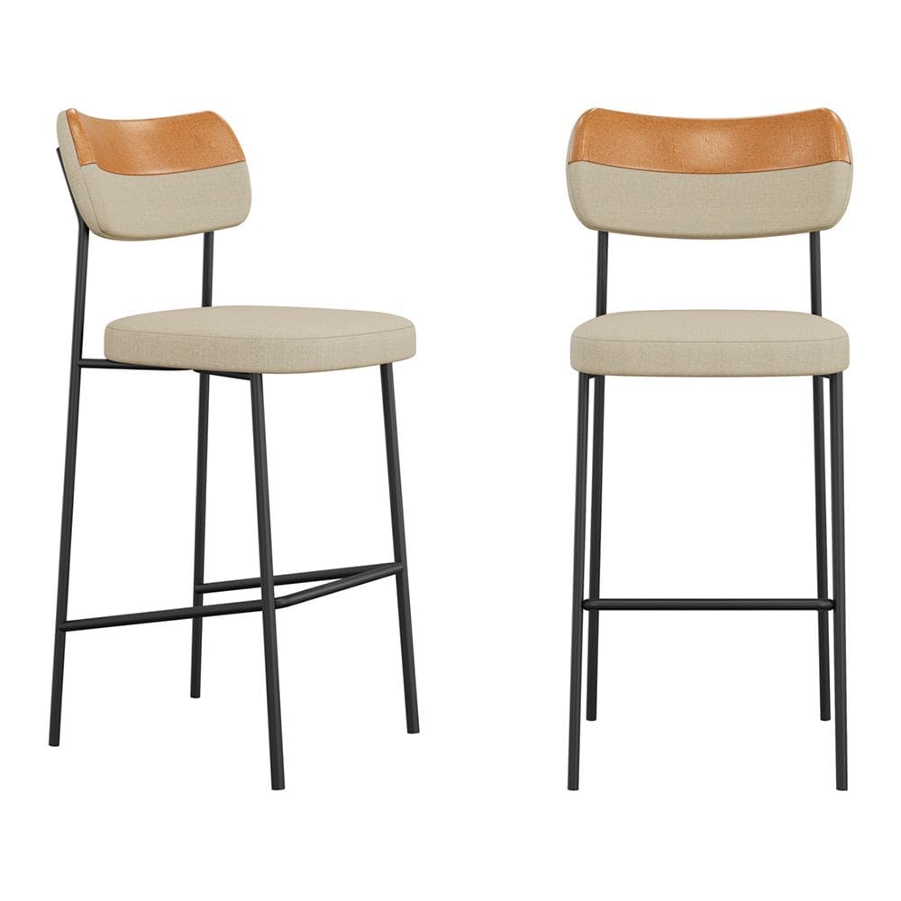 Kit 02 Banquetas Altas Cozinha Lila Estofada com Encosto Couríssimo Whisky Linho Bege - Desk Design