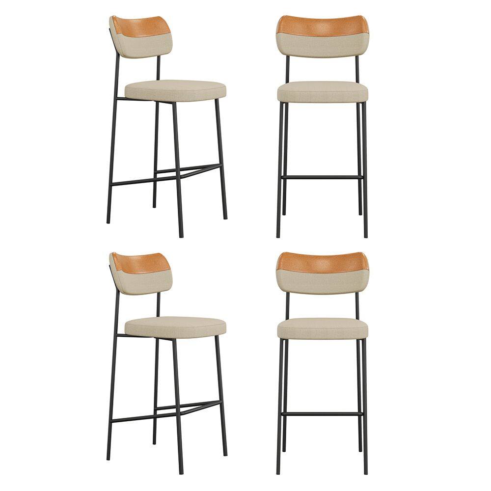 Kit 04 Banquetas Altas Cozinha Lila Estofada com Encosto Couríssimo Whisky Linho Bege - Desk Design