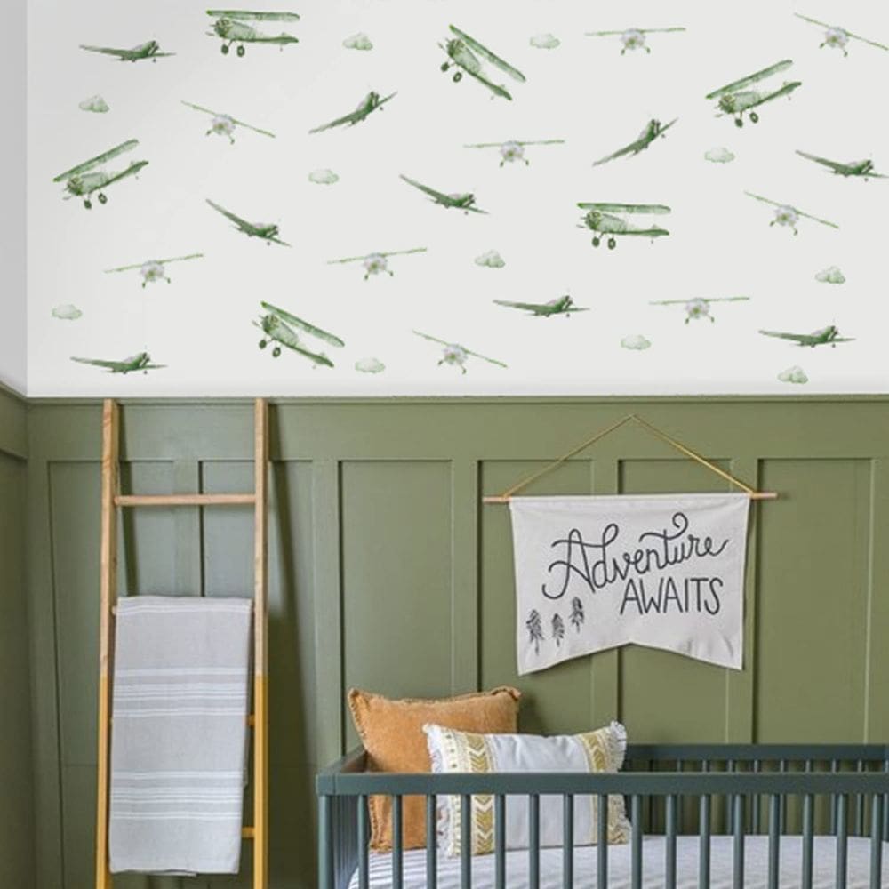 Decalques de parede astrkiz Boy Vintage Planes em aquarela verde