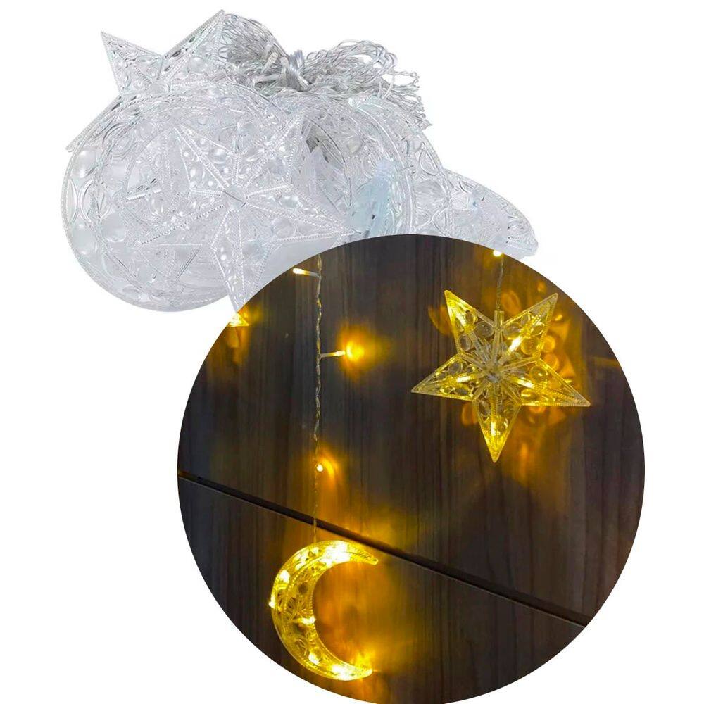 Cascata Decoração De Natal Estrelas Luas Pisca Amarelo De 3M