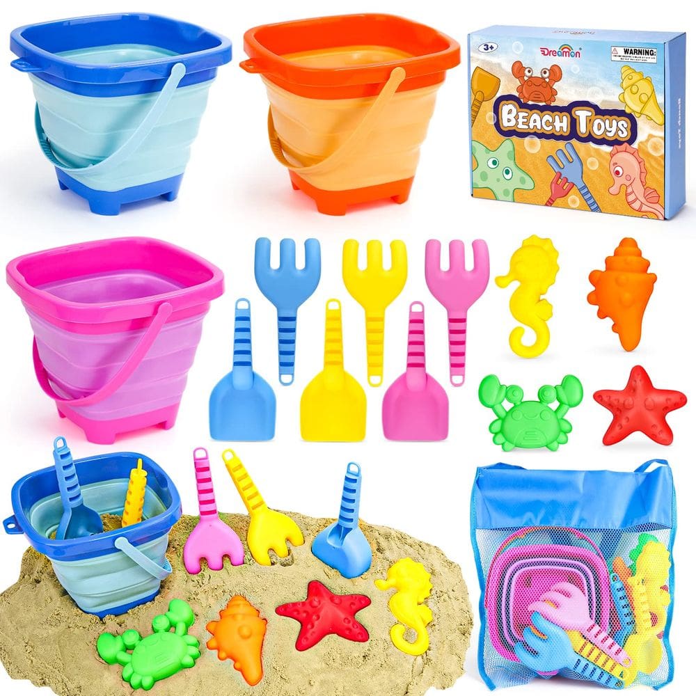 Brinquedos de praia Dreamon Sand Castle com baldes, pás e bolsa