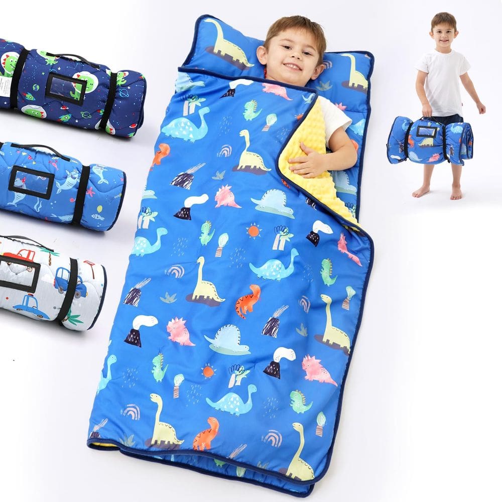 Conjunto de tapetes de soneca BORPRES Navy Dino para crianças pequenas com travesseiro e cobertor