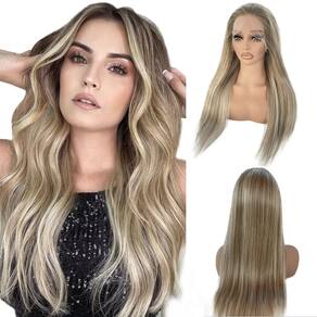 Peruca frontal de renda Munx Ombre Human Hair 16 cm, marrom acinzentado, loiro