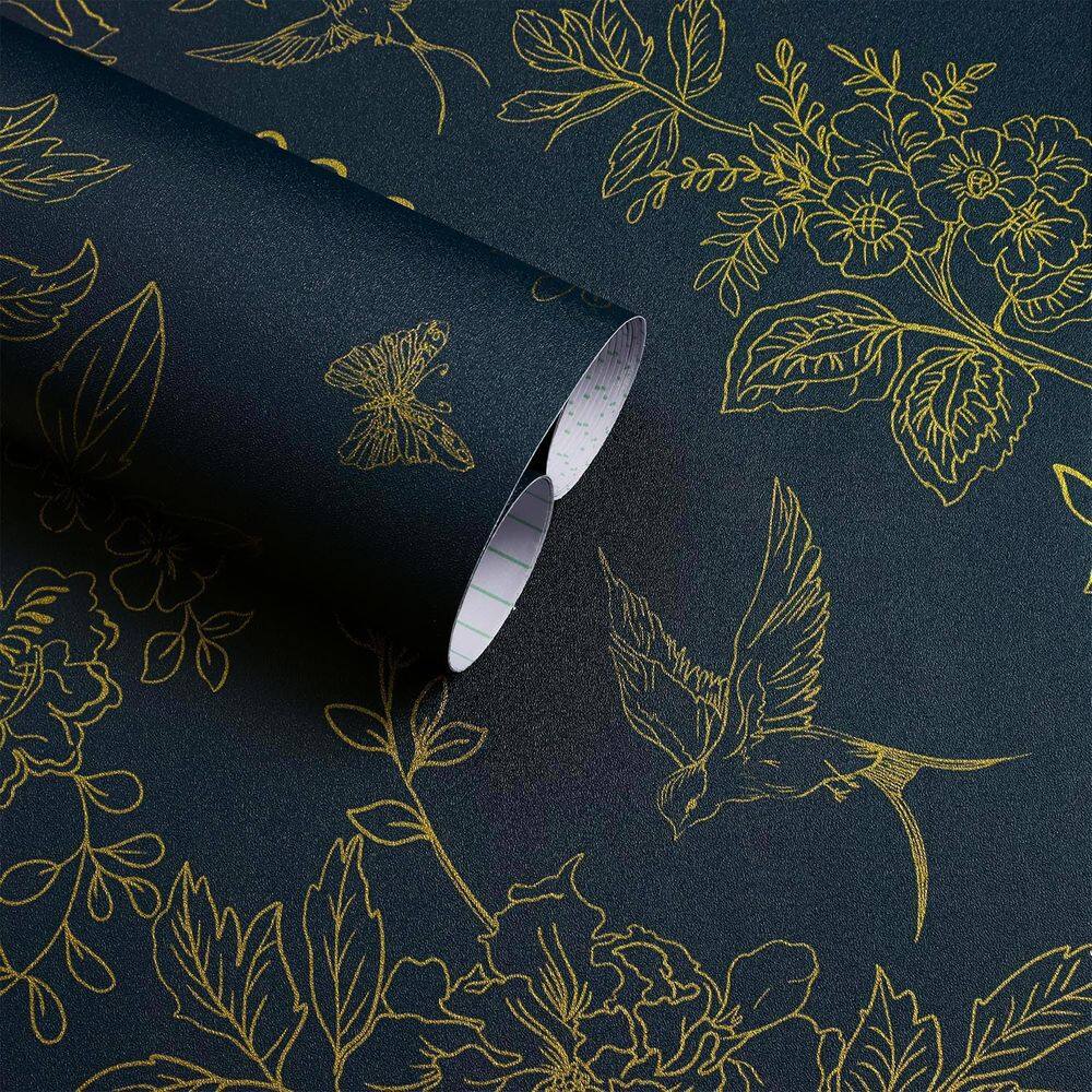 Papel de Parede Froluya Azul Escuro Vintage Floral 45x500cm