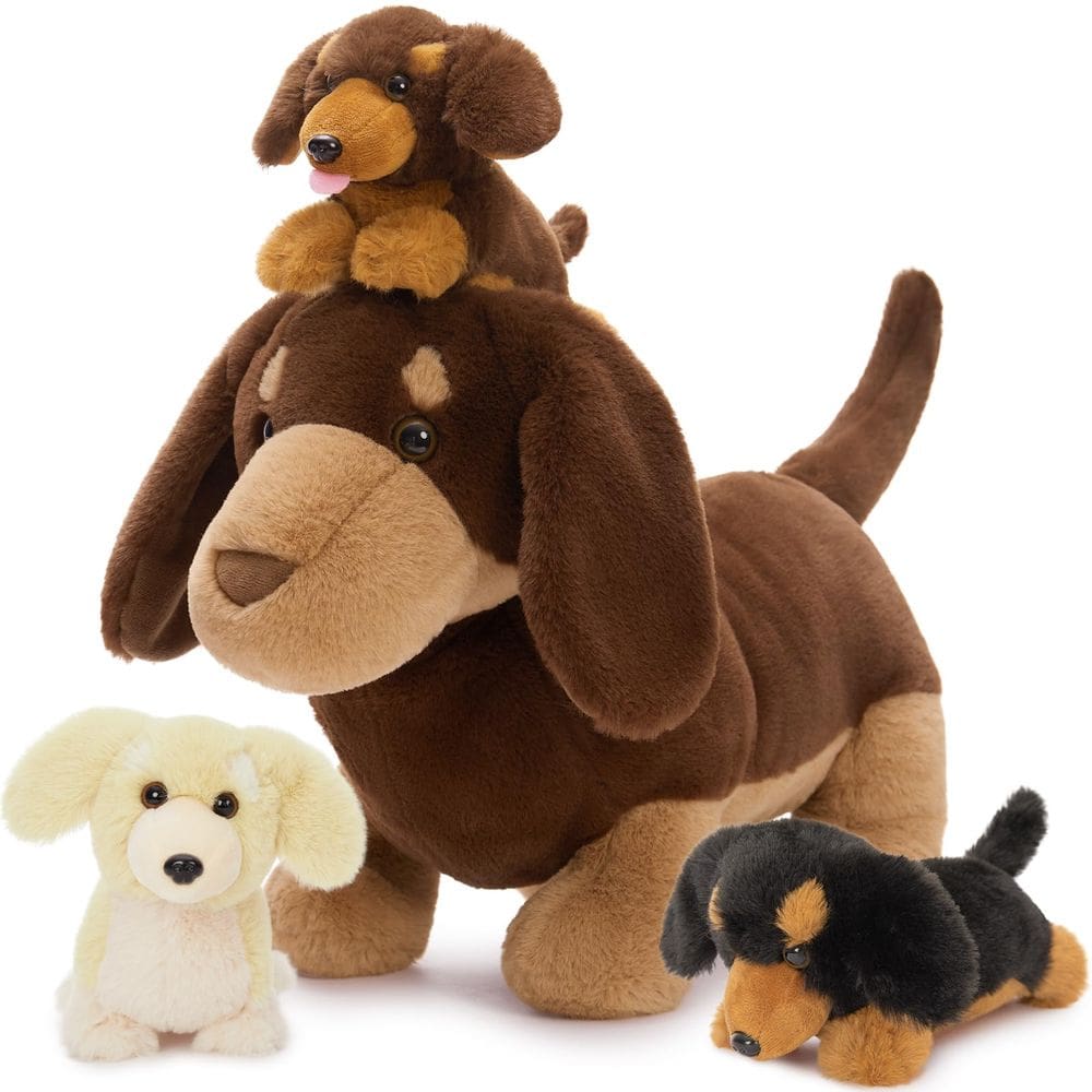 Bicho de pelúcia Tezituor Dachshund com 3 bebês, brinquedo de pelúcia de 45 cm