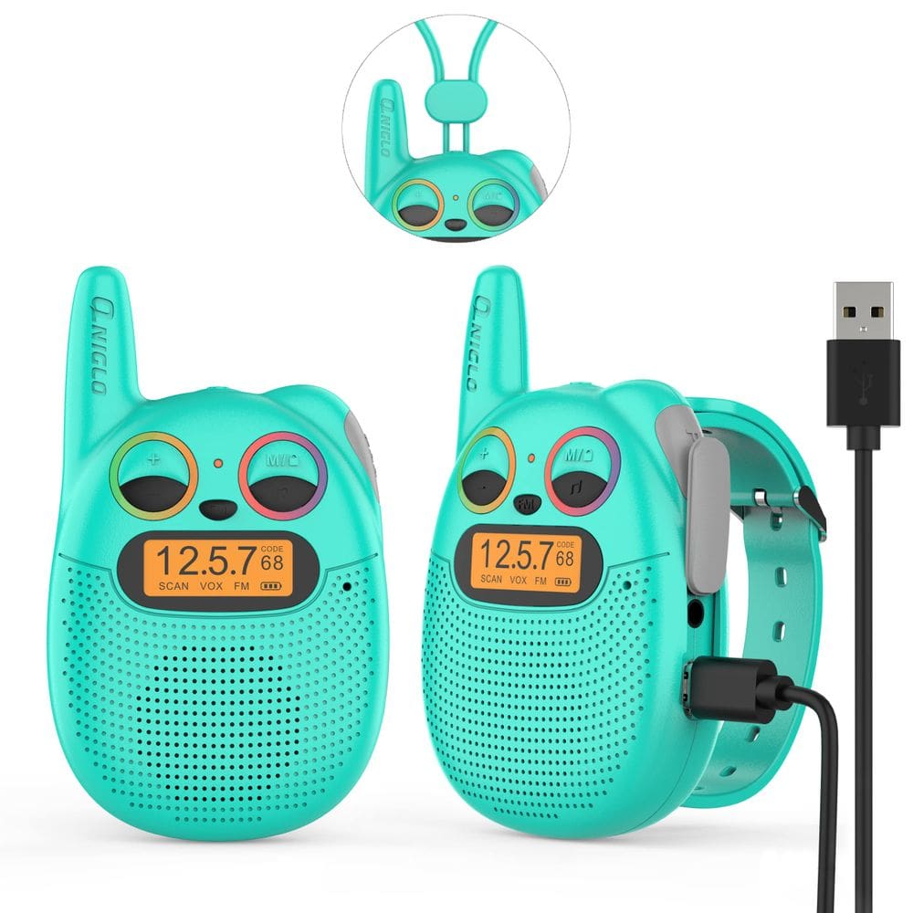 Walkie Talkies QNIGLO recarregável para crianças, pacote com 2 acessórios