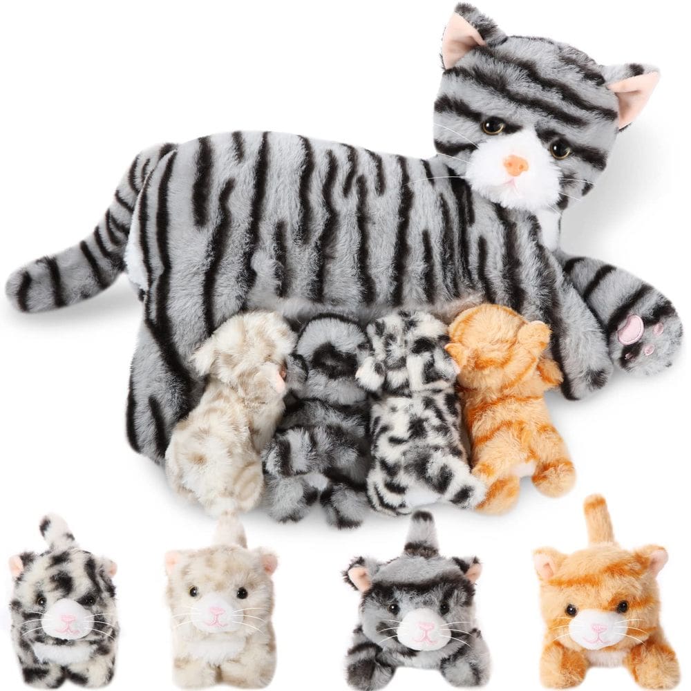 Bicho de pelúcia Skylety Nurturing Cat com 4 gatinhos de pelúcia de 40 cm