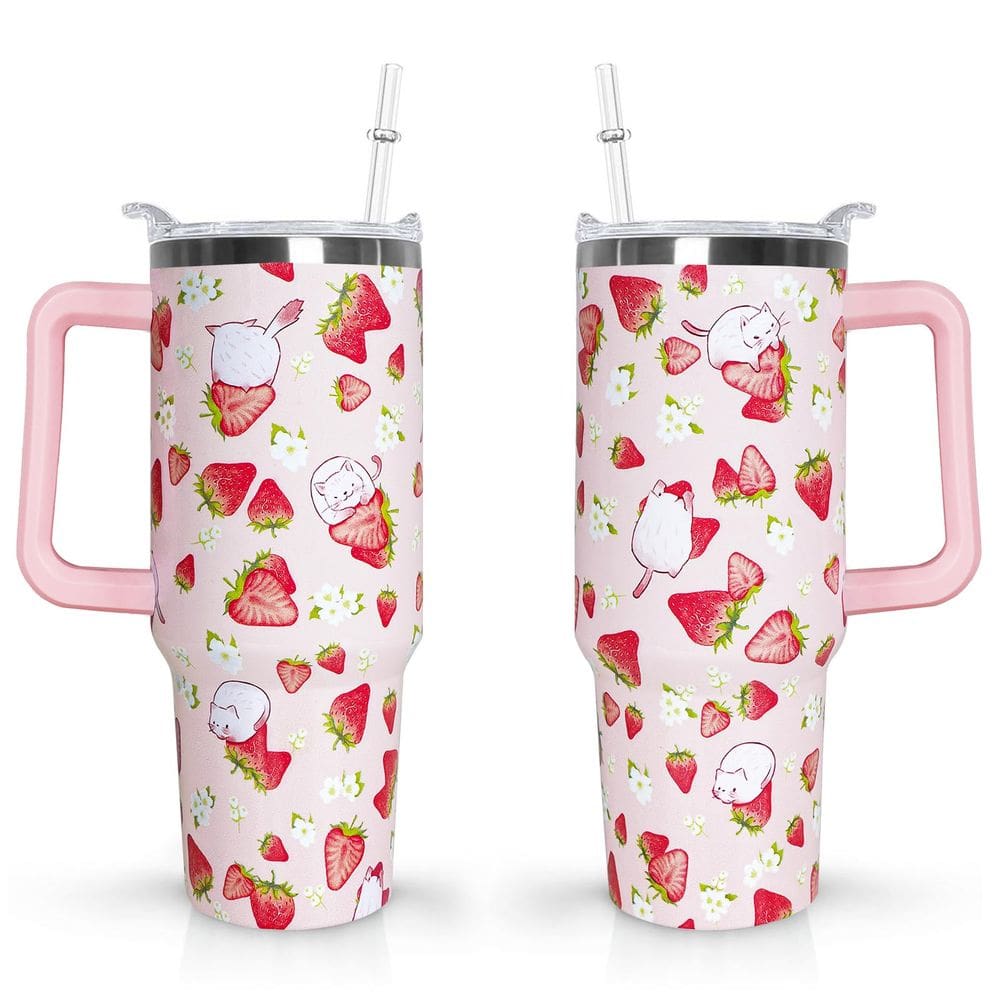 Copo Mindunm Cute Strawberry Print de 1,2 L com alça e canudo