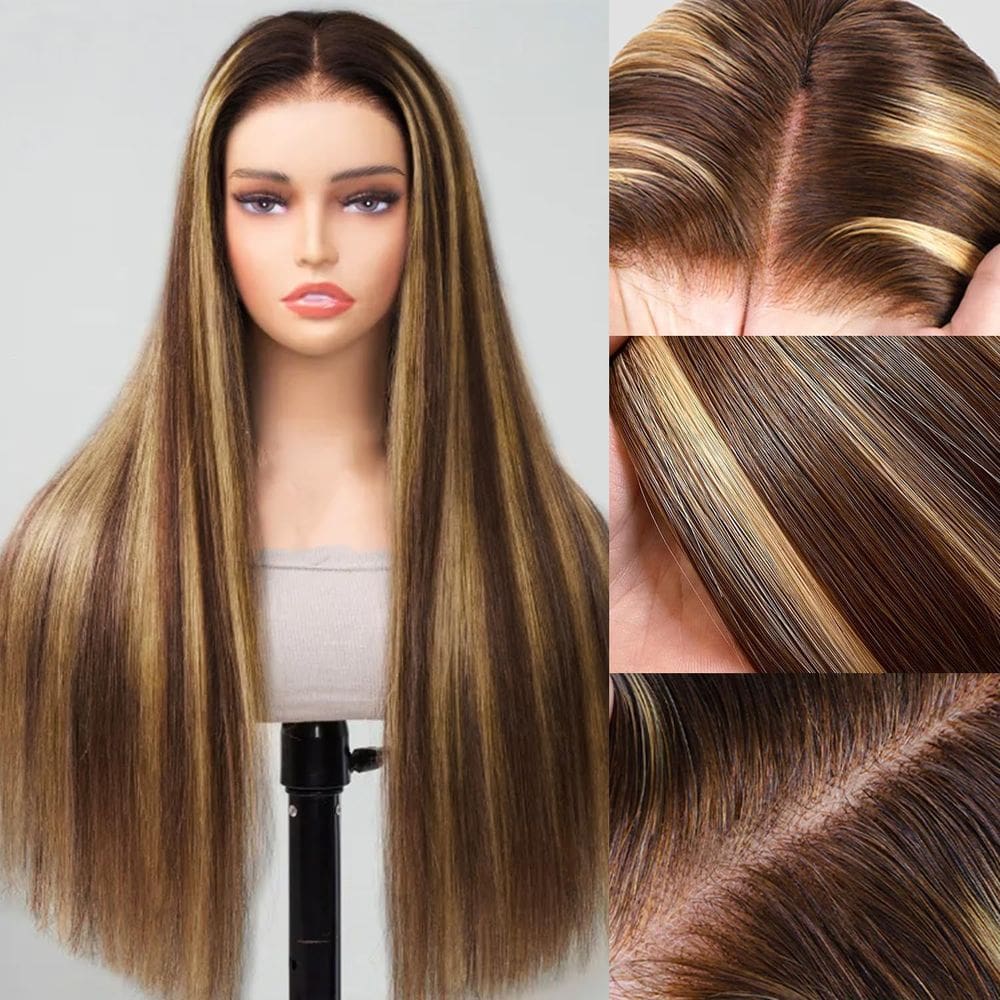 Peruca EARLR Highlight Balayage Brown Human Hair 70 cm na frente