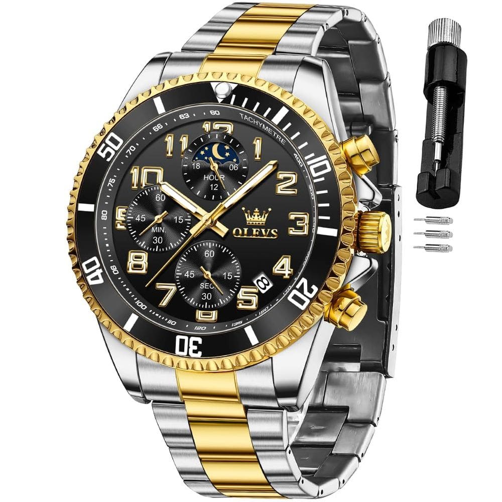 Relógio OLEVS Black Chronograph Moon Phase para homens com estojo de 43 mm