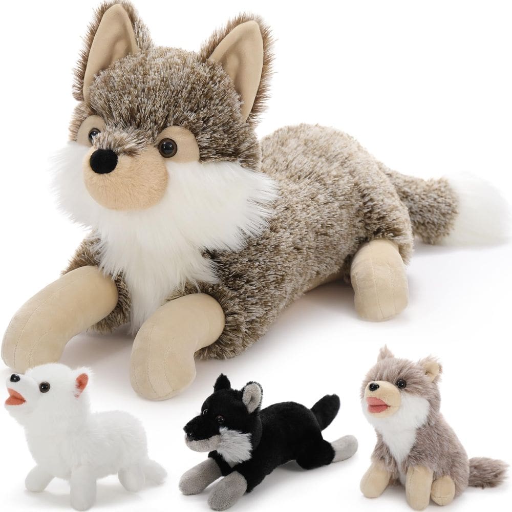 Conjunto de bichos de pelúcia BENINY Wolf Mommy com 3 filhotes de lobos de 50 cm