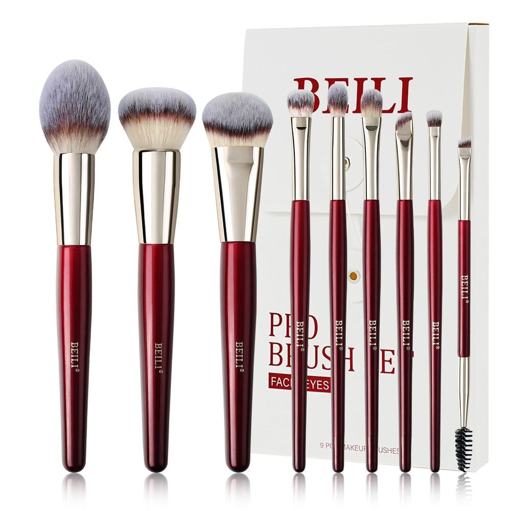 Conjunto de pincéis de maquiagem BEILI, 9 unidades, vermelho sintético premium