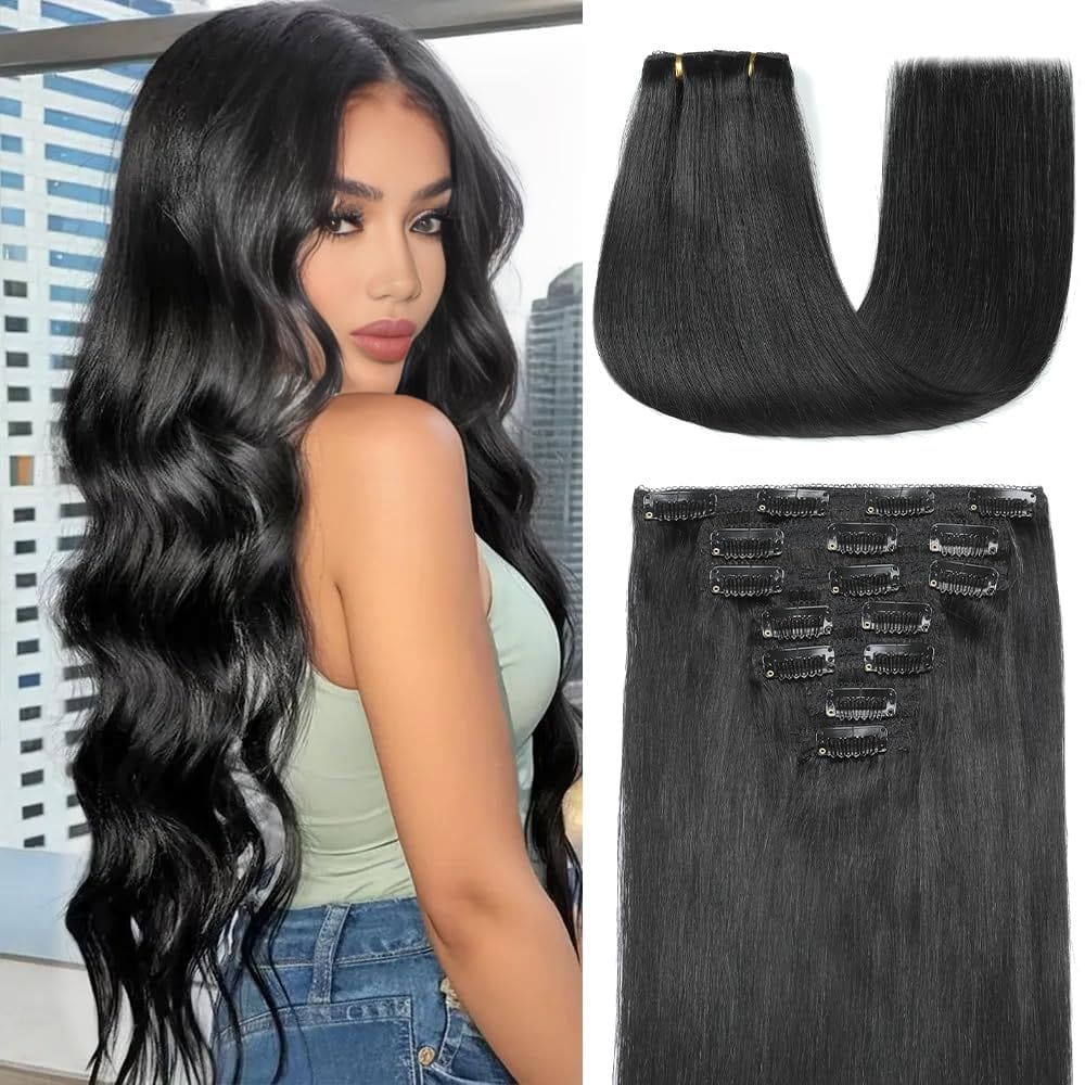 Extensões de cabelo YNSNR Real Human Hair 35 cm 80 g 7 unidades Jet Black
