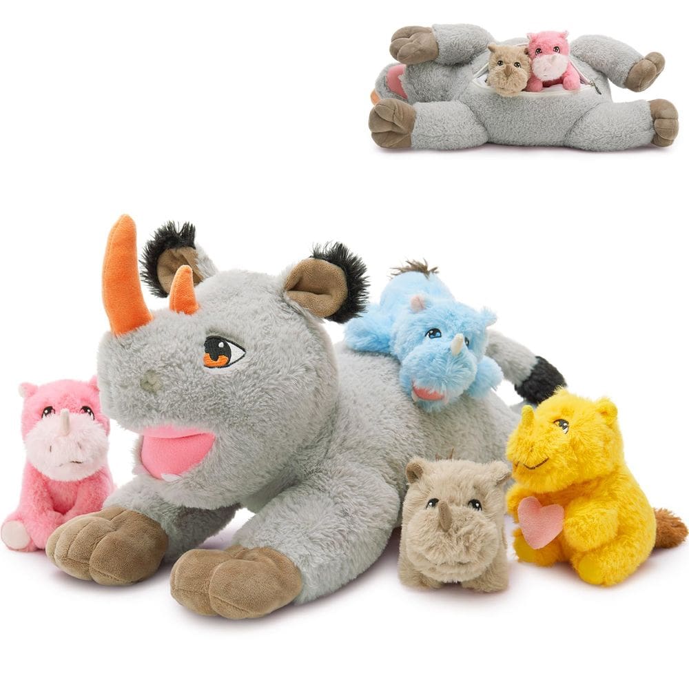 Bicho de pelúcia Karister Rhino Plush 50 cm com 4 filhotes de rinocerontes