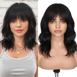 Peruca FAVE Natural Wave com franja de 12", cabelo virgem brasileiro