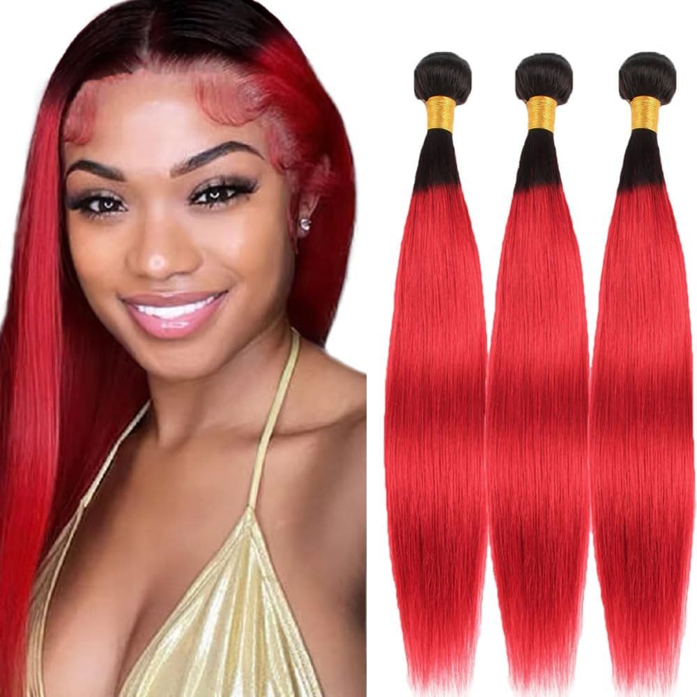 Pacotes de cabelo Raivide Ombre Straight Human Hair 45-55cm vermelho