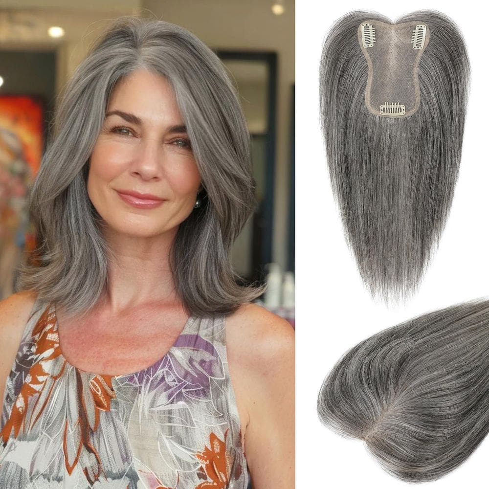 Topper de cabelo LONAI Real Human Hair 25 cm, base de seda, prata, cinza