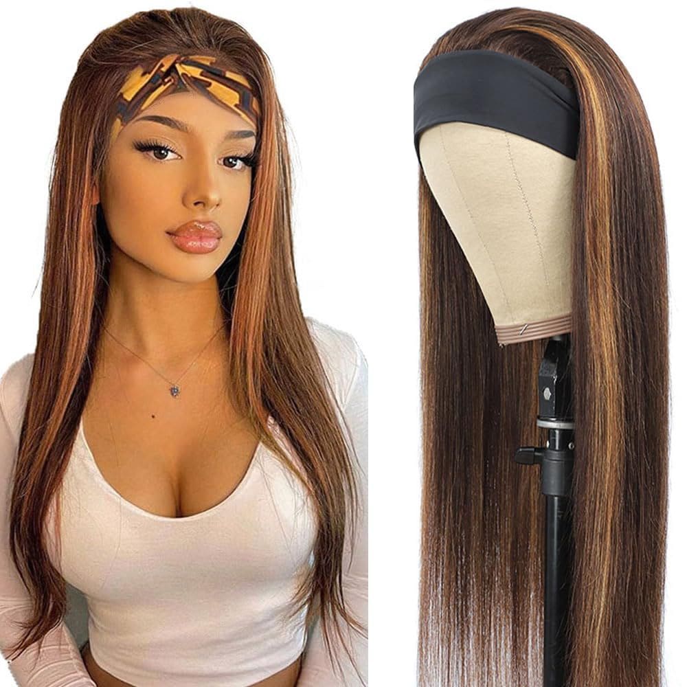 Peruca com faixa de cabeça YiweYowe P430 Destaque cabelo humano castanho 56cm