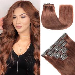 Extensões de cabelo YNSNR Real Human Hair 35 cm Castanho Ruivo Escuro