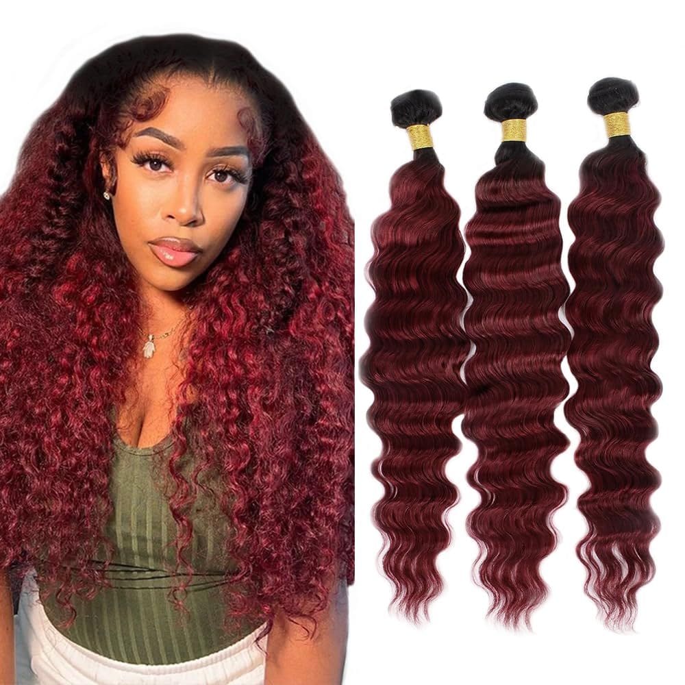 Extensões de cabelo Biottihair Burgundy Deep Wave 3, pacotes de 22-26 polegadas