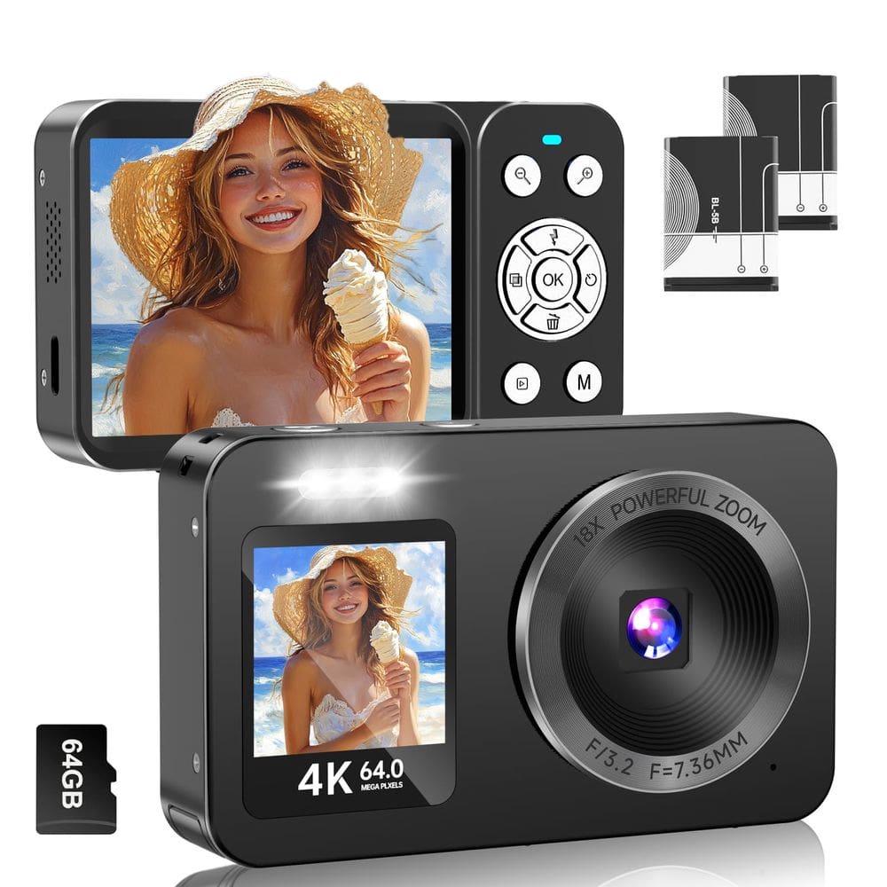 Câmera digital WABL 4K 64MP UHD com tela dupla, zoom 18X, preta