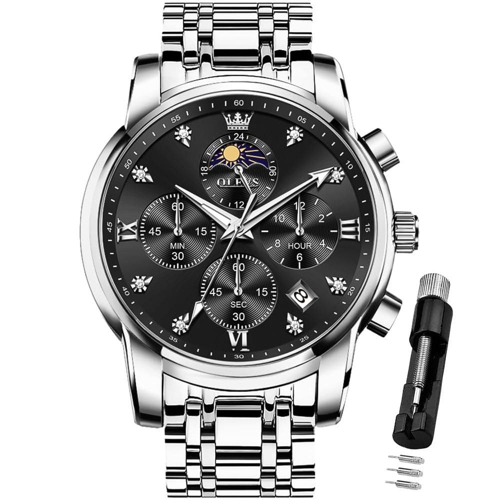 Relógio OLEVS Men Luxury Dress Moon Phase Chronograph Black