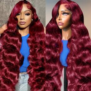 Perucas frontais de renda Sambuity 99J Burgundy Human Hair 60cm
