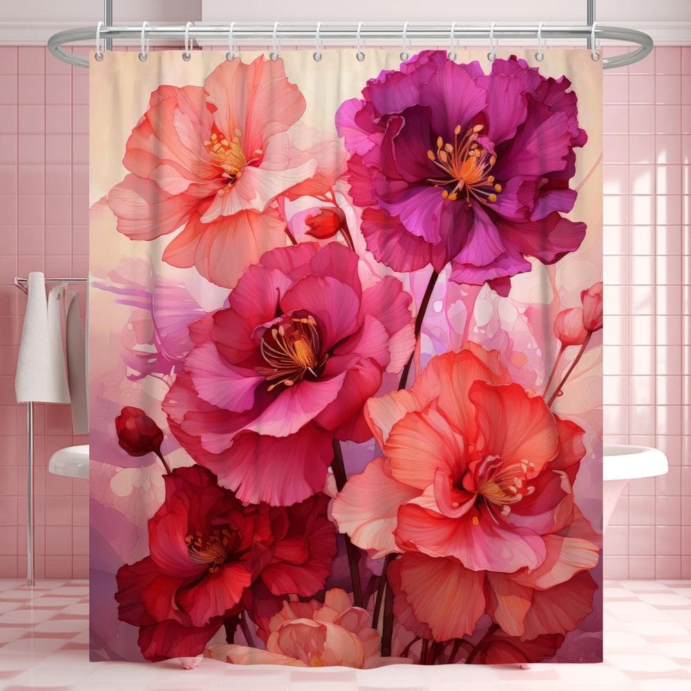Cortina de chuveiro Uiiooazy Vermelha Rosa Quente Floral 165x180cm