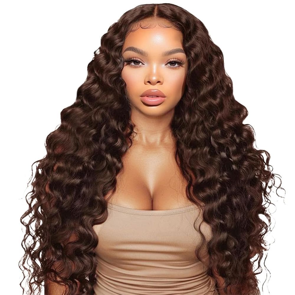 Peruca, renda frontal, marrom chocolate, onda profunda, 60 cm, 200% de densidade