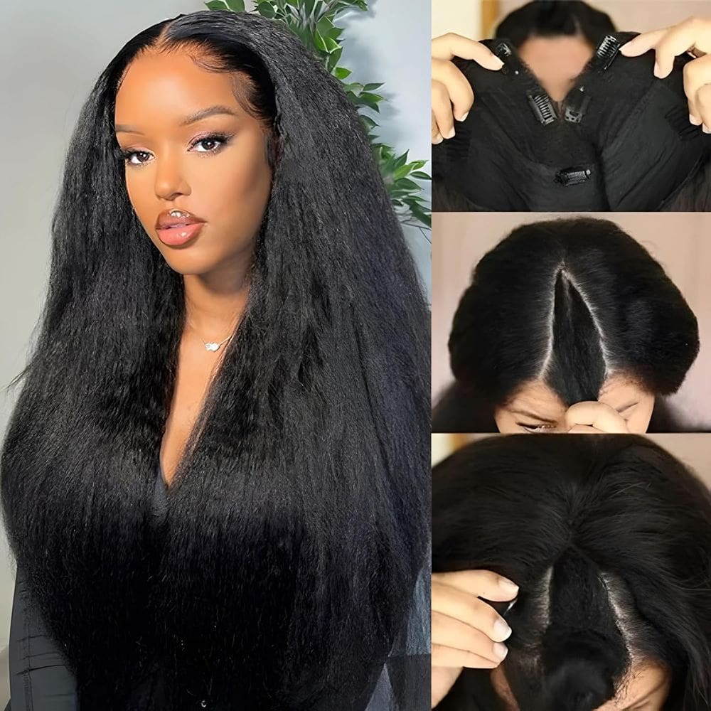 Meia peruca Prtyopp V Part Human Hair Kinky Straight & Yaki 12 polegadas