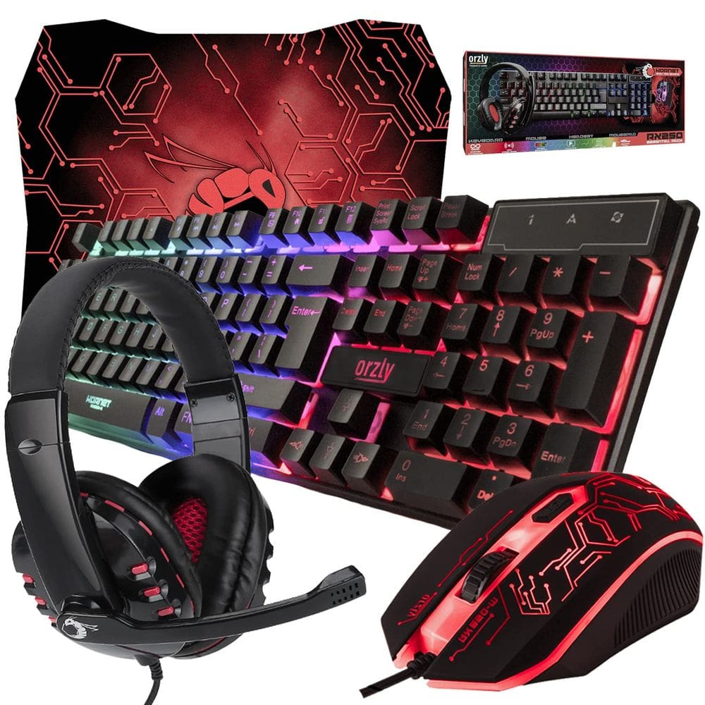 Teclado e mouse para jogos, mouse pad e fone de ouvido para jogos Orzly Hornet RX-250