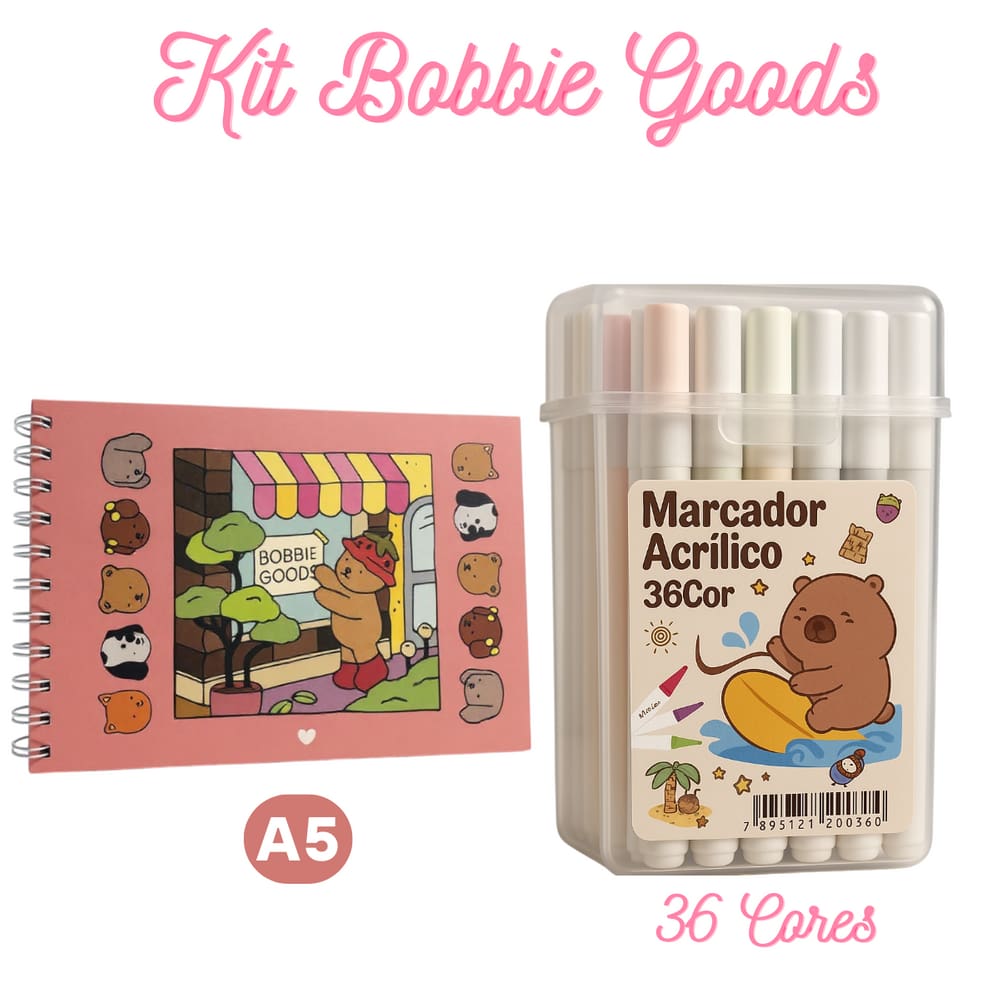 Kit Bobbie Goods: 36 Canetas Acrílicas + Livro Colorir