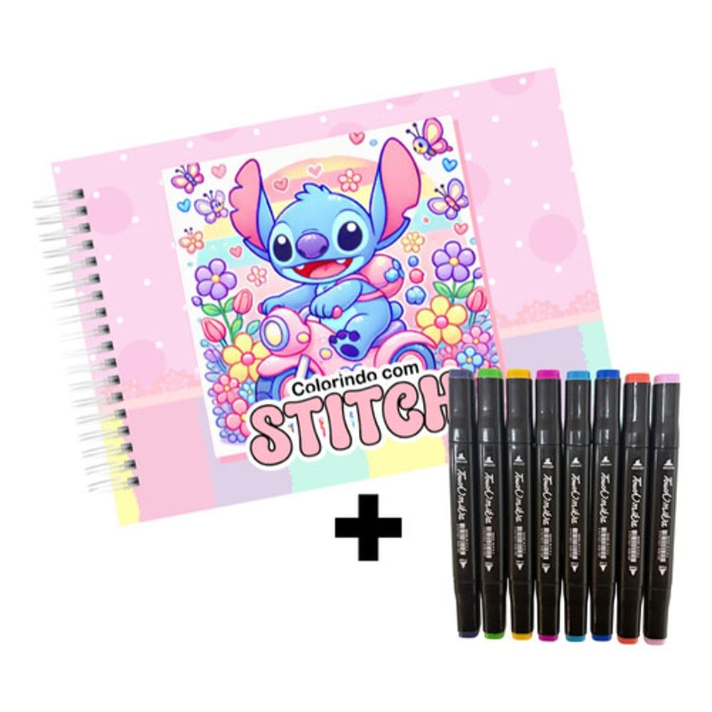 Livro De Colorir Stitch Capa Dura Desenhos Variados + 8 Canetas Touch Ponta Dupla