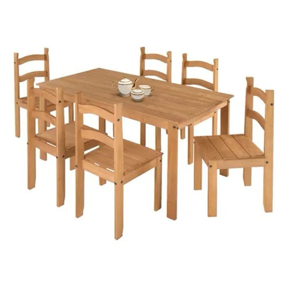 Conjunto de Mesa com 06 Cadeiras de Madeira Pinus Desmontável Soho