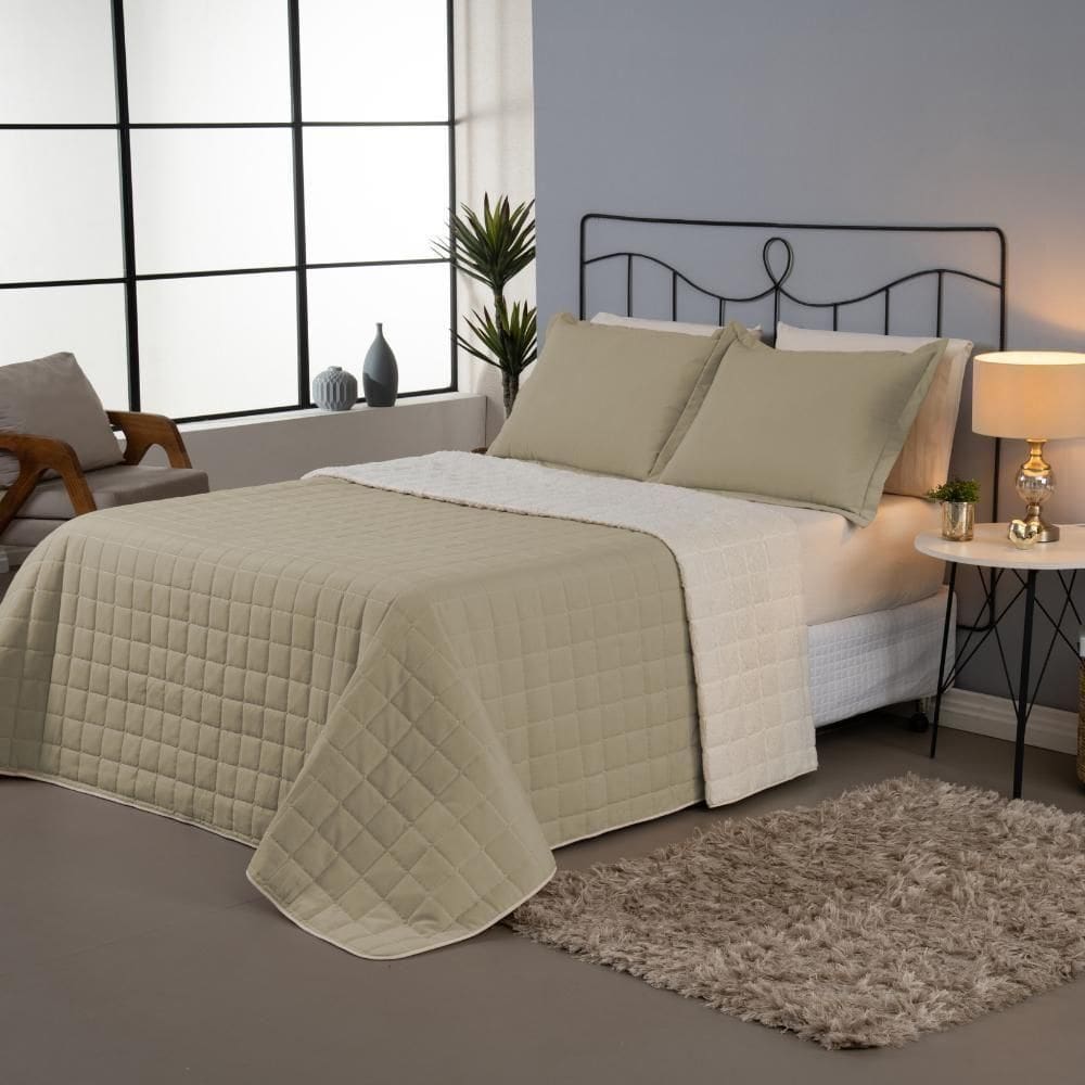 Cobertor Cobre Leito Casal Com Sherpa Dupla Face Kit 03 Peças - Cáqui